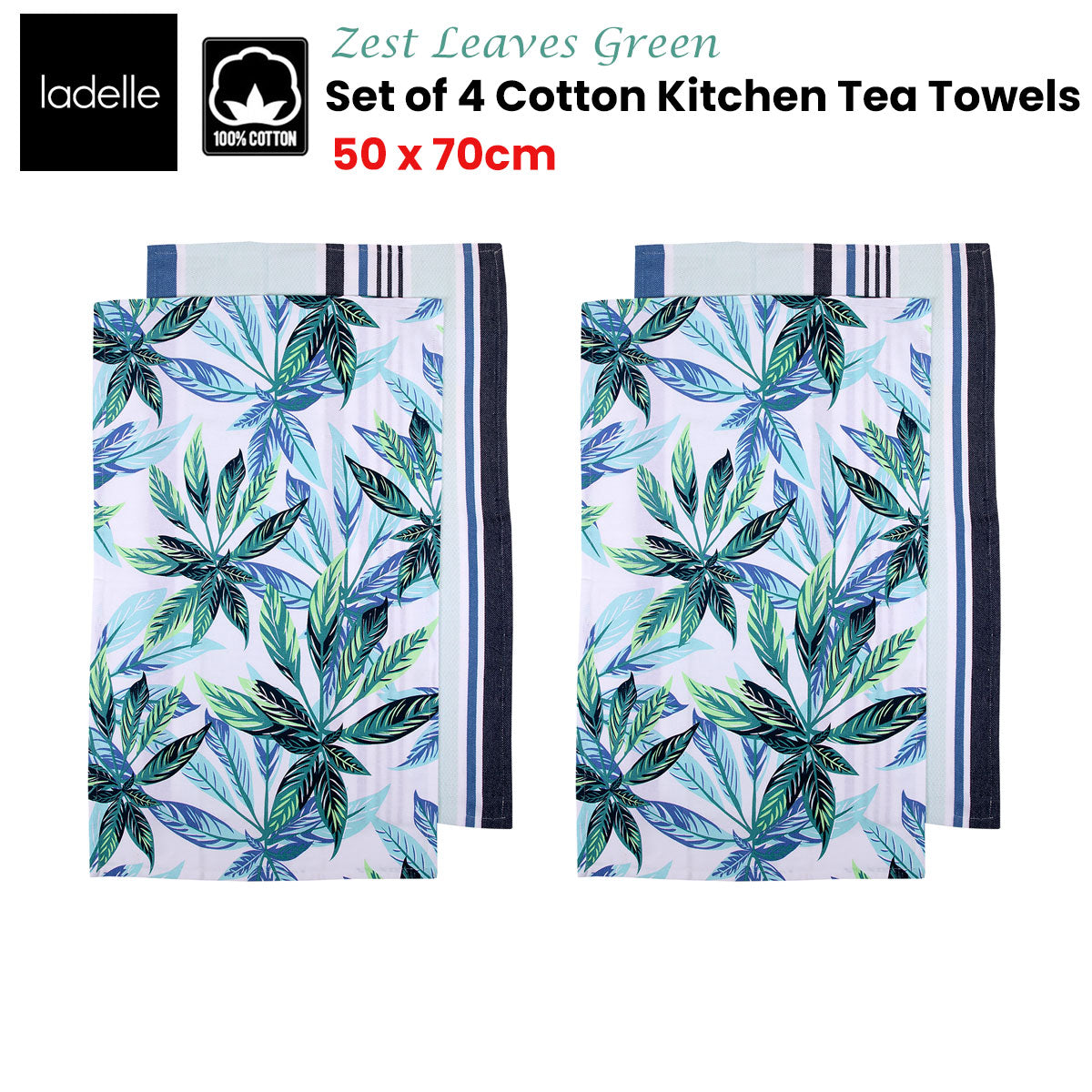 Ladelle Set of 4 Zest Leaves Green Cotton Kitchen Tea Towels 50 x 70