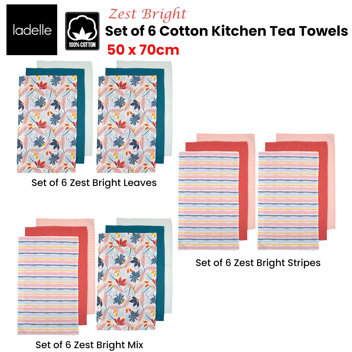 Ladelle Set of 6 Zest Bright Cotton Kitchen Tea Towels 50 x 70 cm