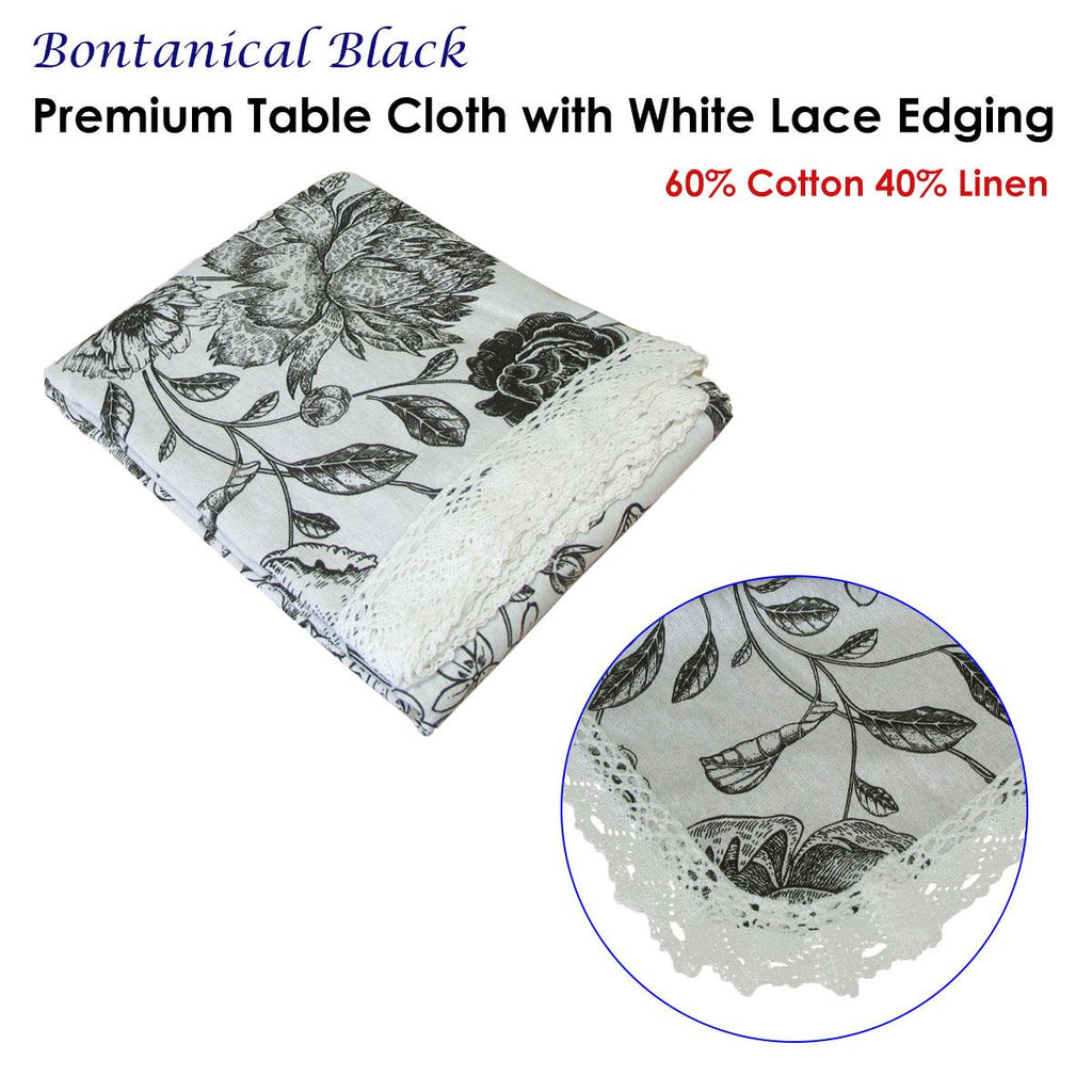 Botanical Print Cotton Linen Tablecloth with Lace Edging