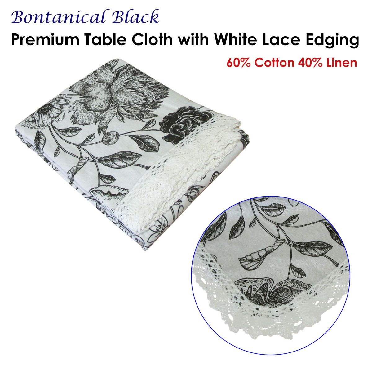 Botanical Print Cotton Linen Tablecloth with Lace Edging