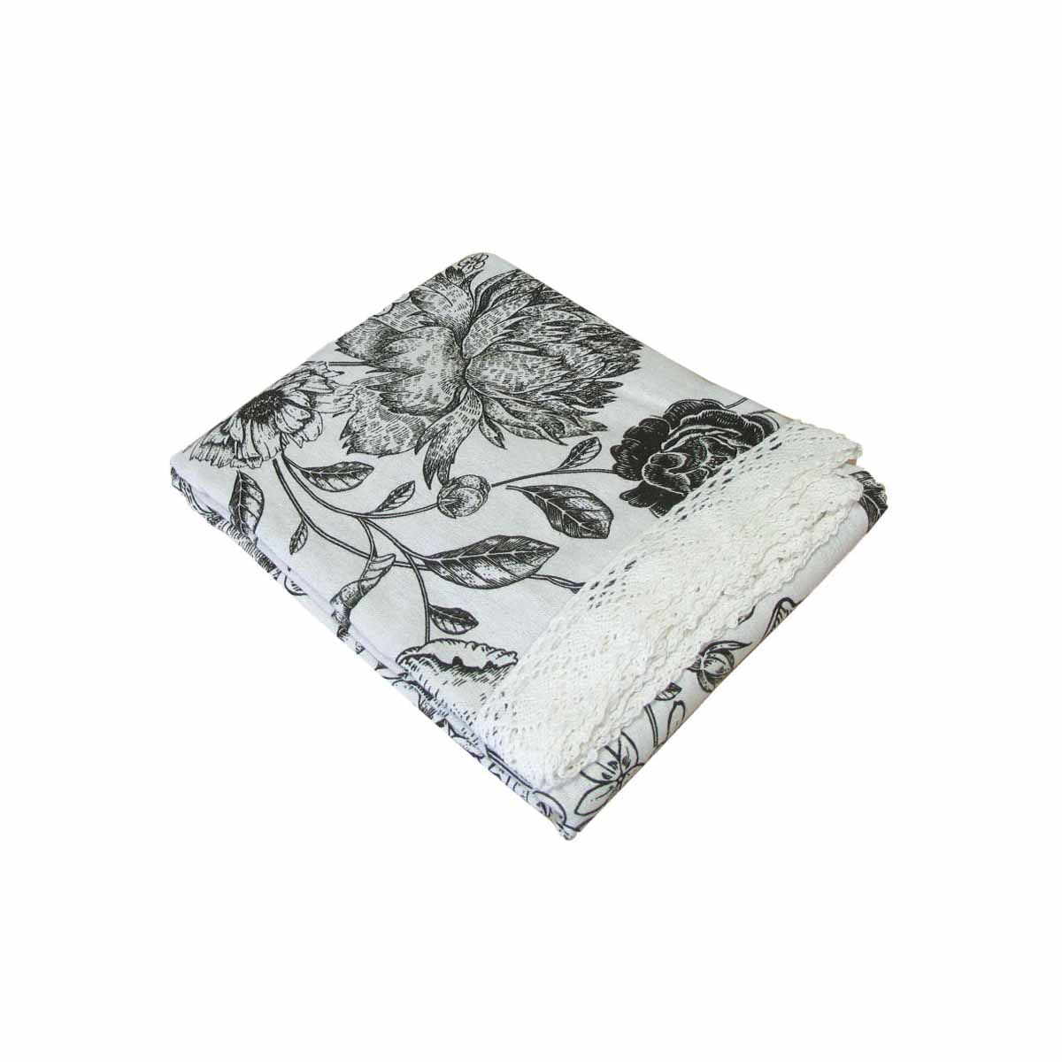 Botanical Print Cotton Linen Tablecloth with Lace Edging, 140 x 220 cm