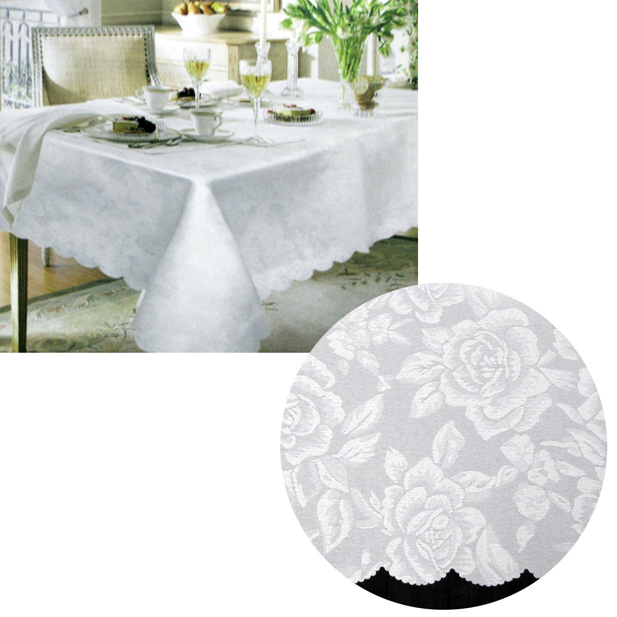 Jacquard Damask Design with Scalloped Edging Table Cloth White cm