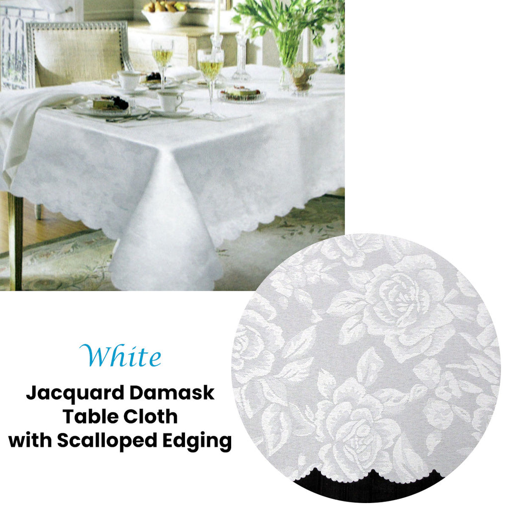 Jacquard Damask Design with Scalloped Edging Table Cloth White cm