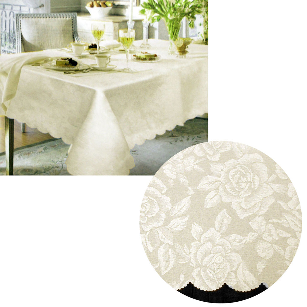 Jacquard Damask Design with Scalloped Edging Table Cloth Cream 150 x