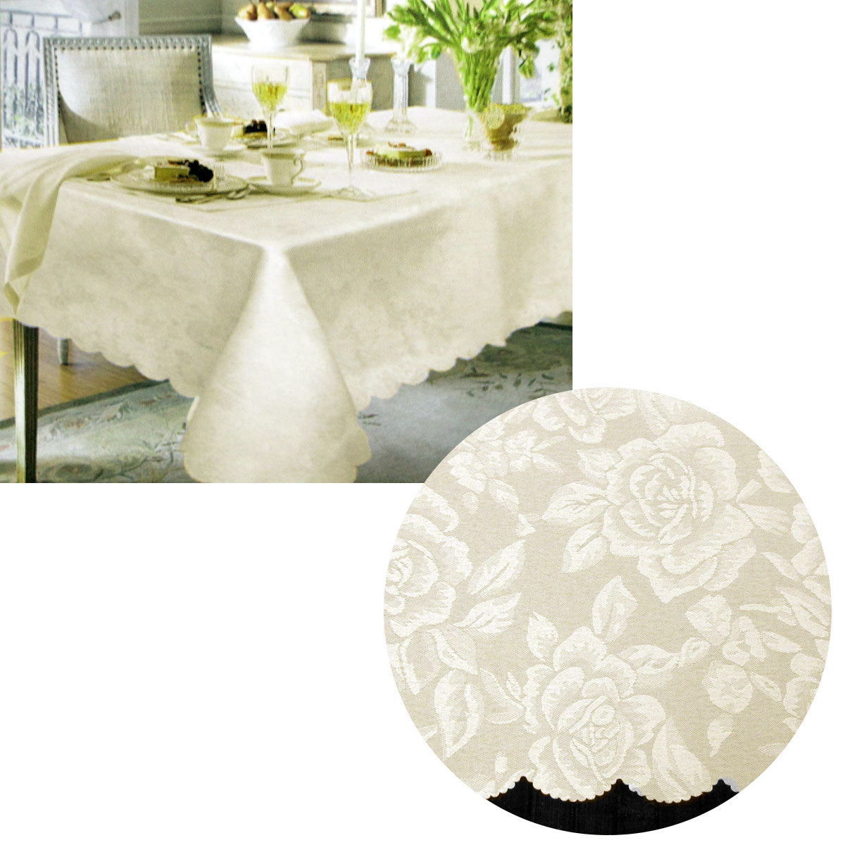 Jacquard Damask Design with Scalloped Edging Table Cloth Cream 150 x