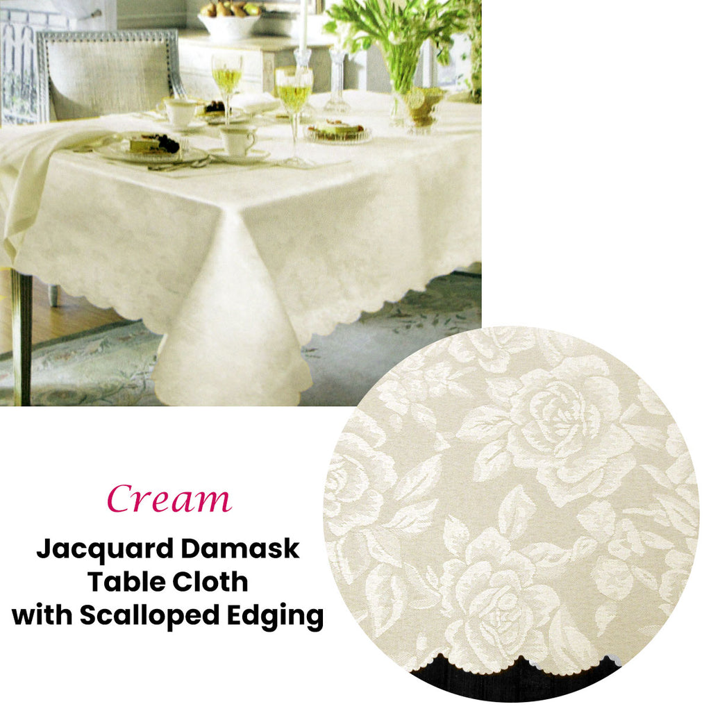 Jacquard Damask Design with Scalloped Edging Table Cloth Cream 150 x