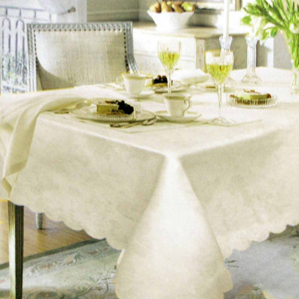 Swirl Leaf Cream Jacquard Table Cloth with Scalloped Edging 140 x 180
