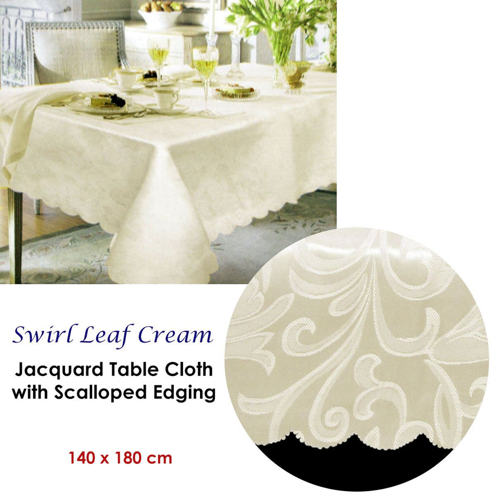 Swirl Leaf Cream Jacquard Table Cloth with Scalloped Edging 140 x 180