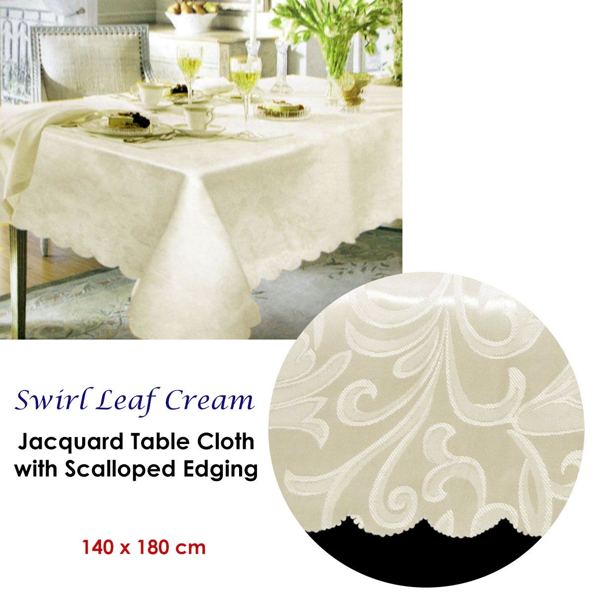 Swirl Leaf Cream Jacquard Table Cloth with Scalloped Edging 140 x 180
