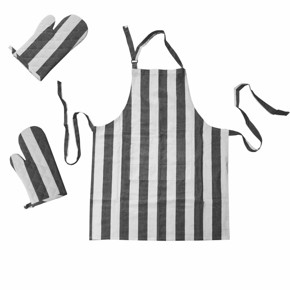 Rans Alfresco Stripe Cotton Apron and Oven Glove Set of 3, Black