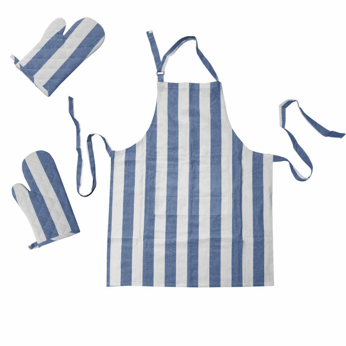 Rans Alfresco Stripe Cotton Apron and Oven Glove Set of 3, Blue