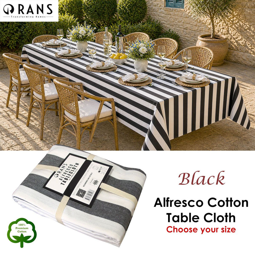 Rans Black Alfresco Stripes Cotton Tablecloth - Choose from 2 sizes