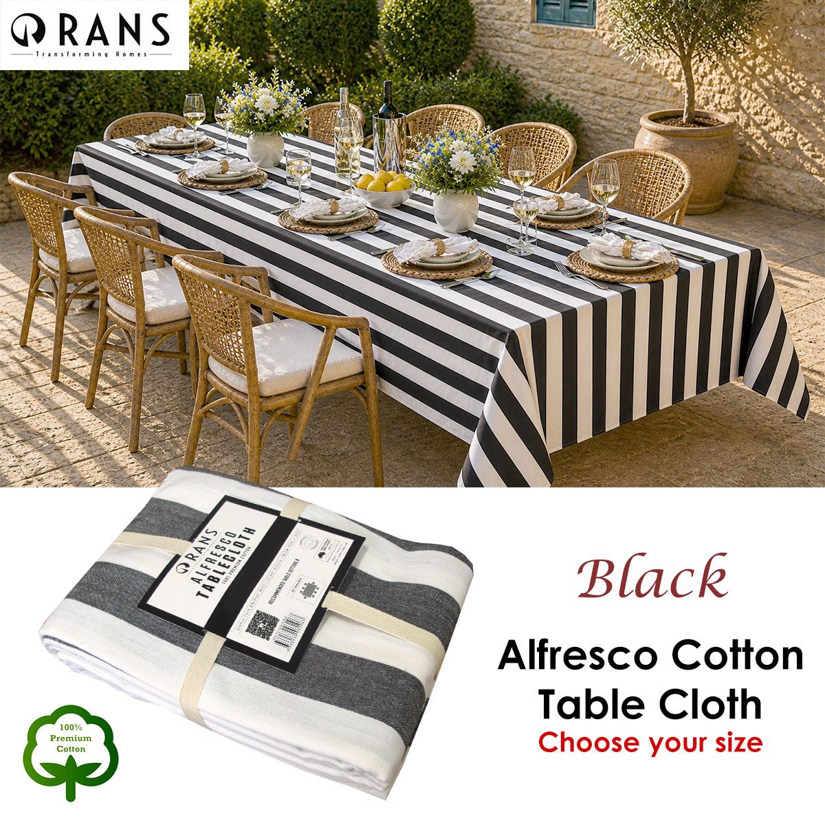 Rans Black Alfresco Stripes Cotton Tablecloth - Choose from 2 sizes