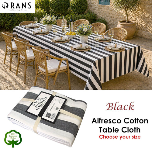 Rans Alfresco Stripes Cotton Tablecloth, Black, shown in a real setting