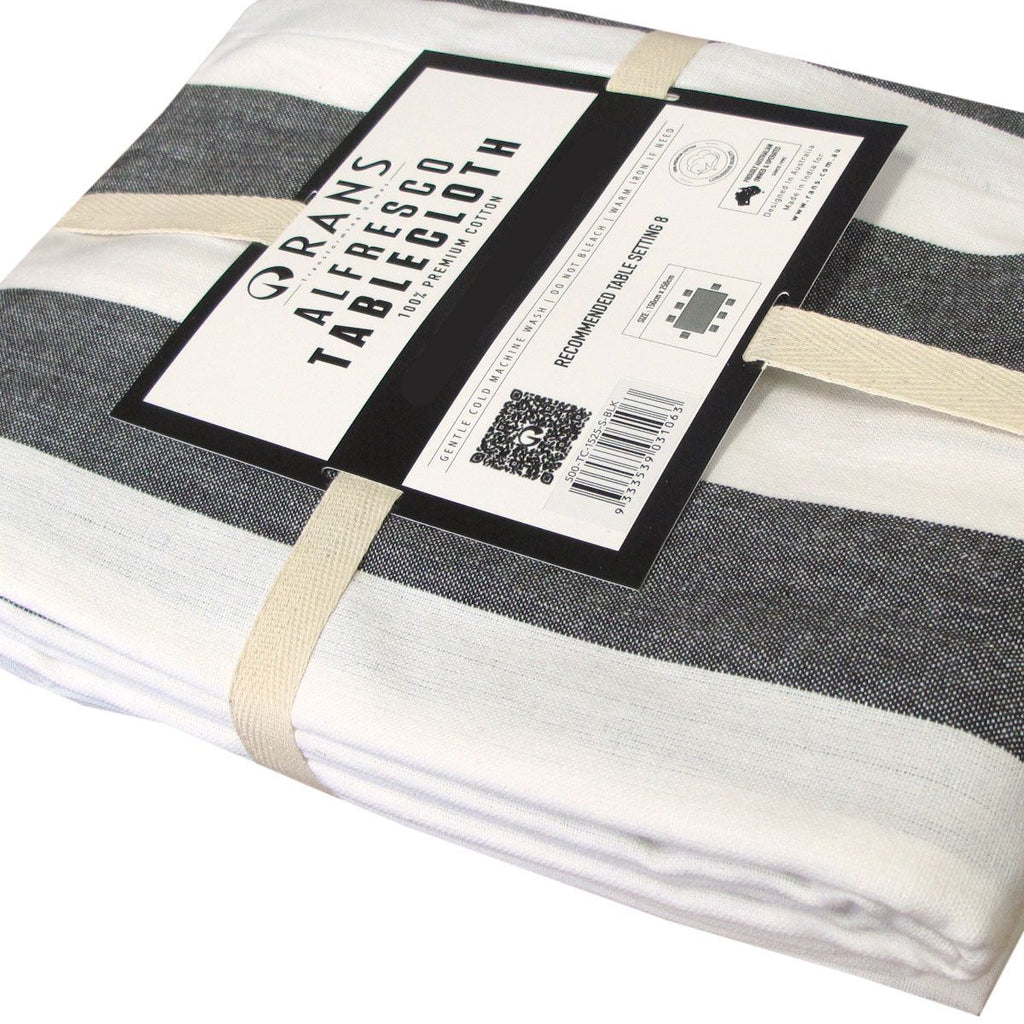 Rans Black Alfresco Stripes Cotton Tablecloth - Choose from 2 sizes