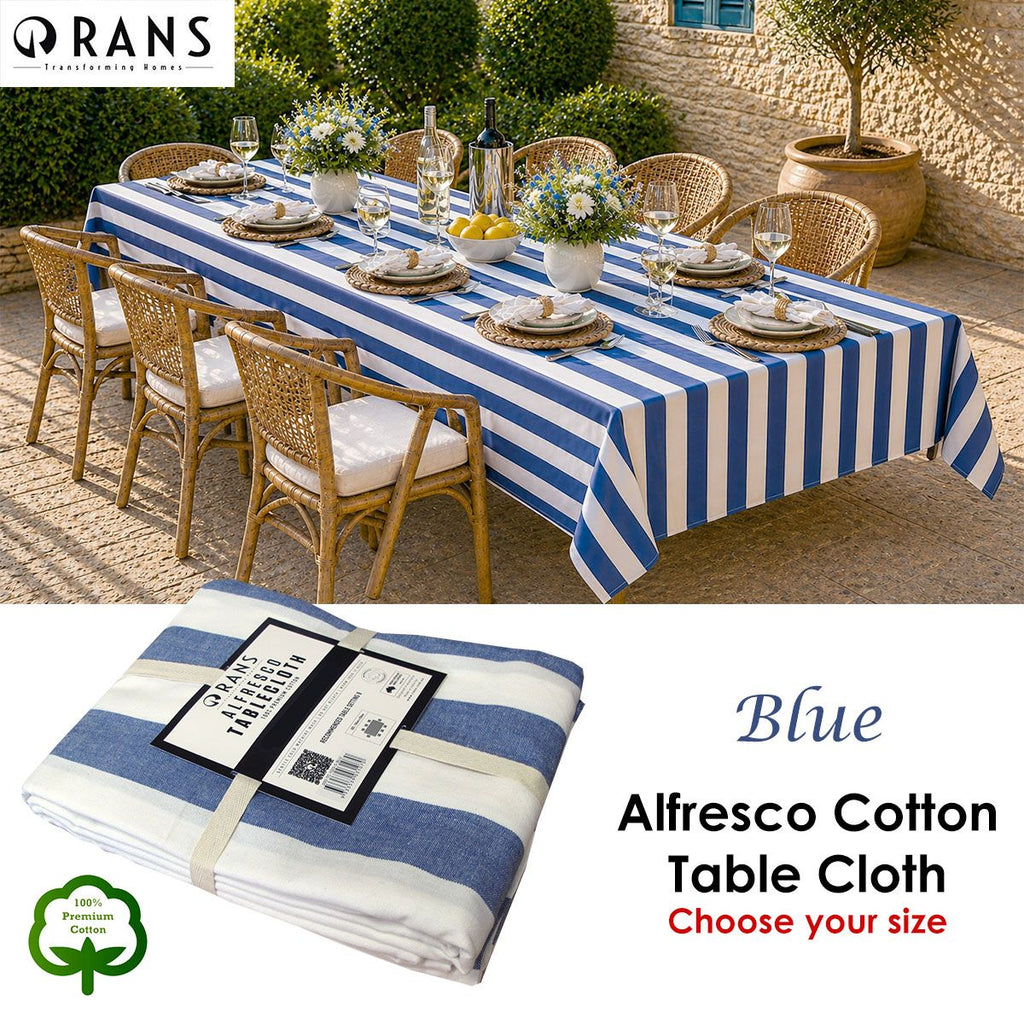 Rans Blue Alfresco Stripes Cotton Tablecloth - Choose from 2 sizes