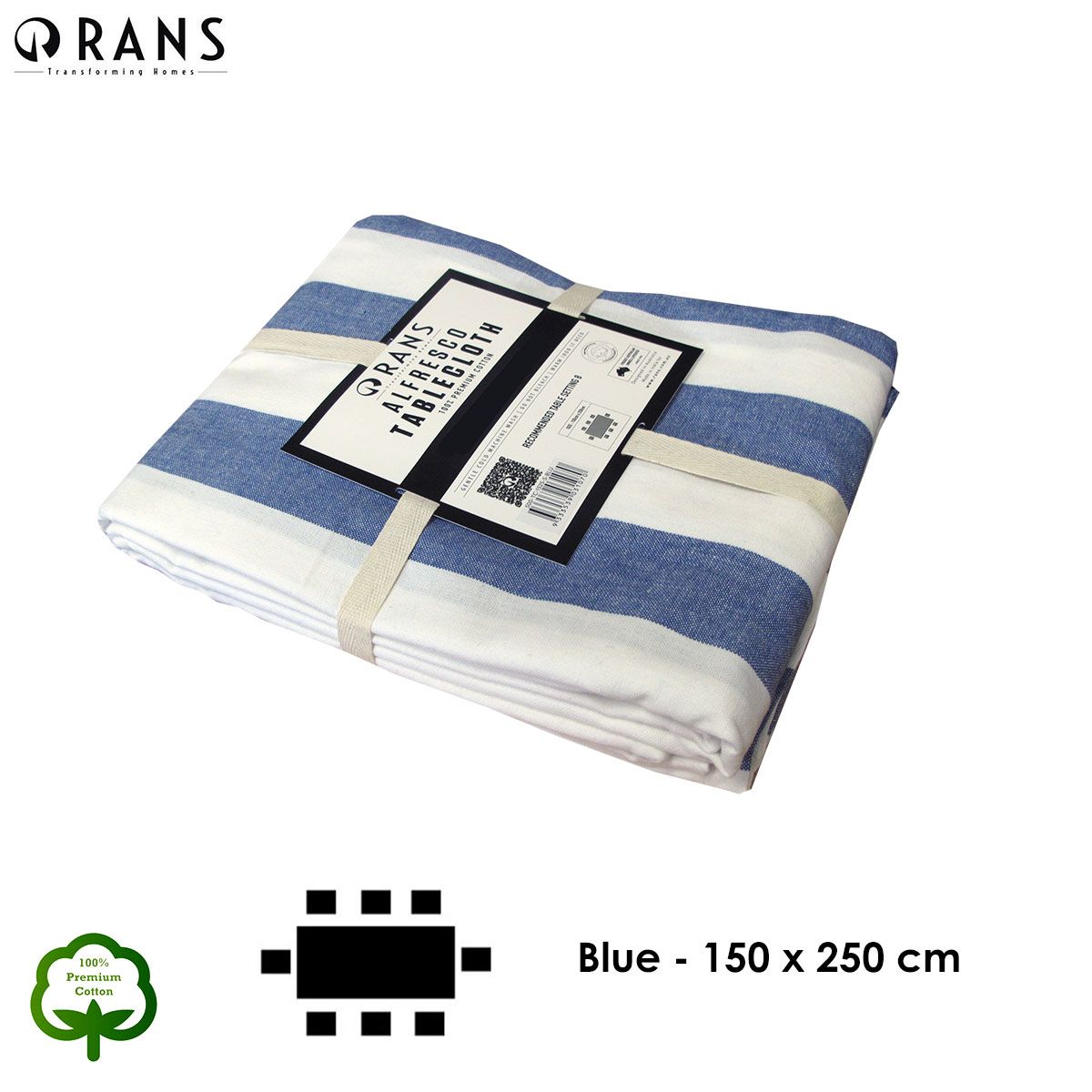 Rans Blue Alfresco Stripes Cotton Tablecloth - Choose from 2 sizes