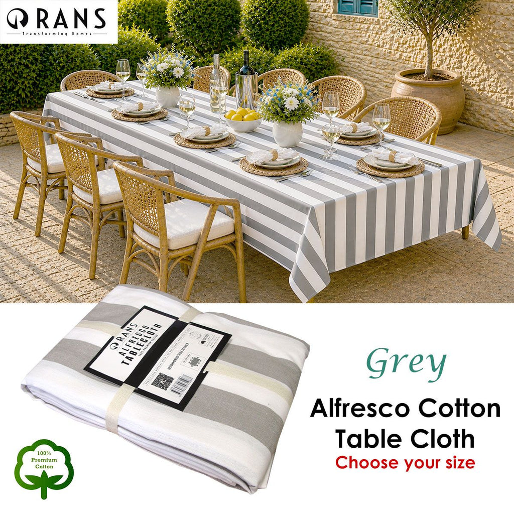 Rans Grey Alfresco Stripes Cotton Tablecloth - Choose from 2 sizes