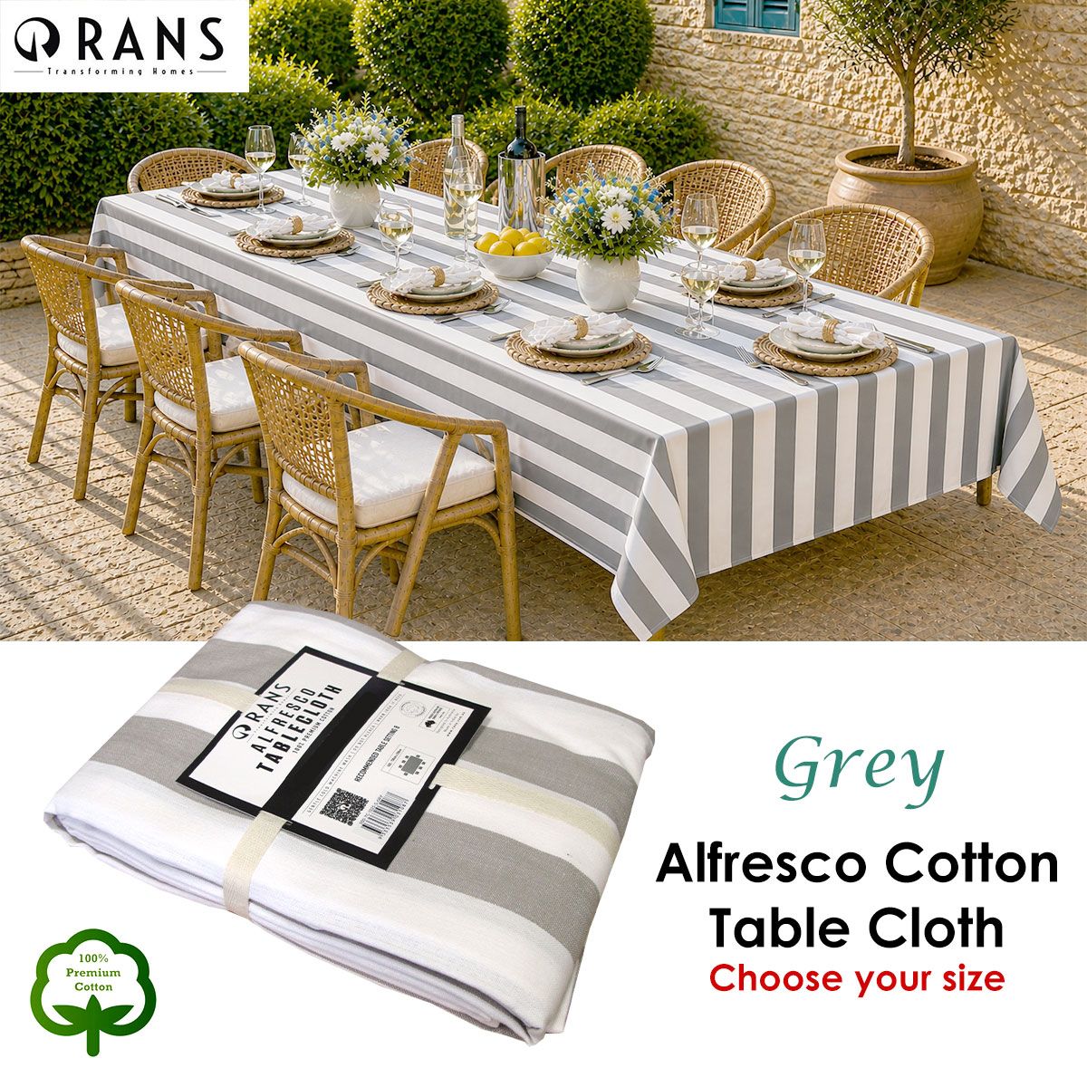 Rans Grey Alfresco Stripes Cotton Tablecloth - Choose from 2 sizes