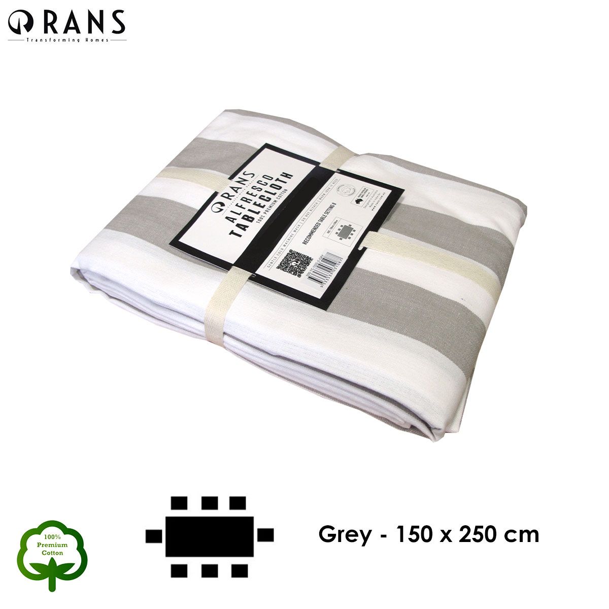 Rans Grey Alfresco Stripes Cotton Tablecloth - Choose from 2 sizes