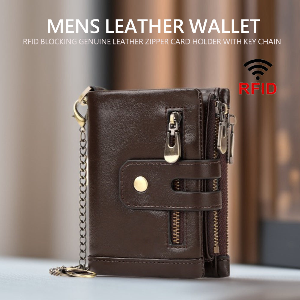 Men's Genuine Leather Wallet RFID Blocking Retro Bifold Zipper Card