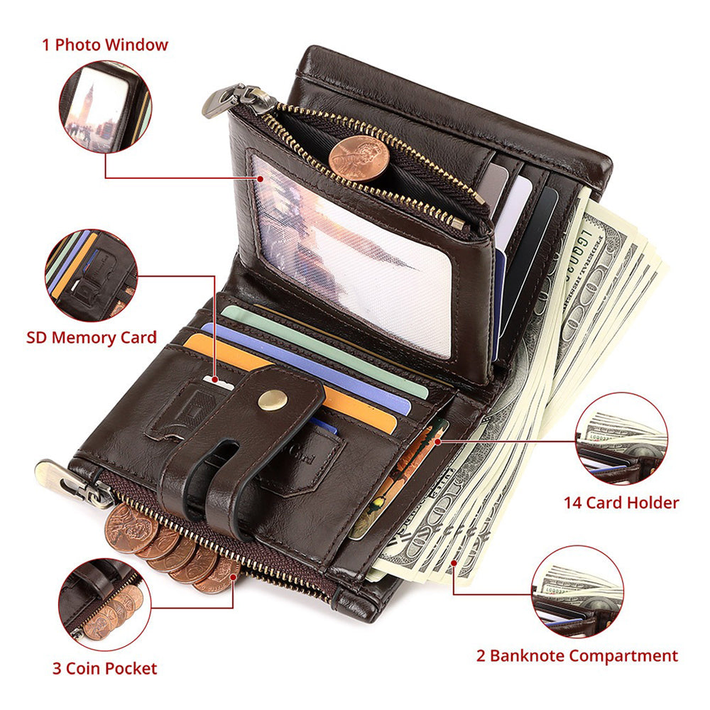 Men's Genuine Leather Wallet RFID Blocking Retro Bifold Zipper Card