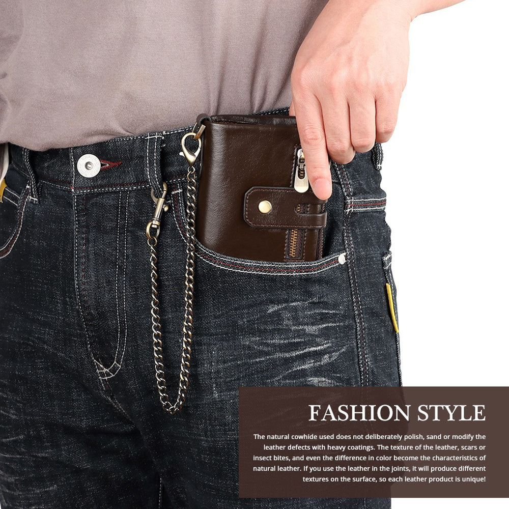 Men's Genuine Leather Wallet RFID Blocking Retro Bifold Zipper Card