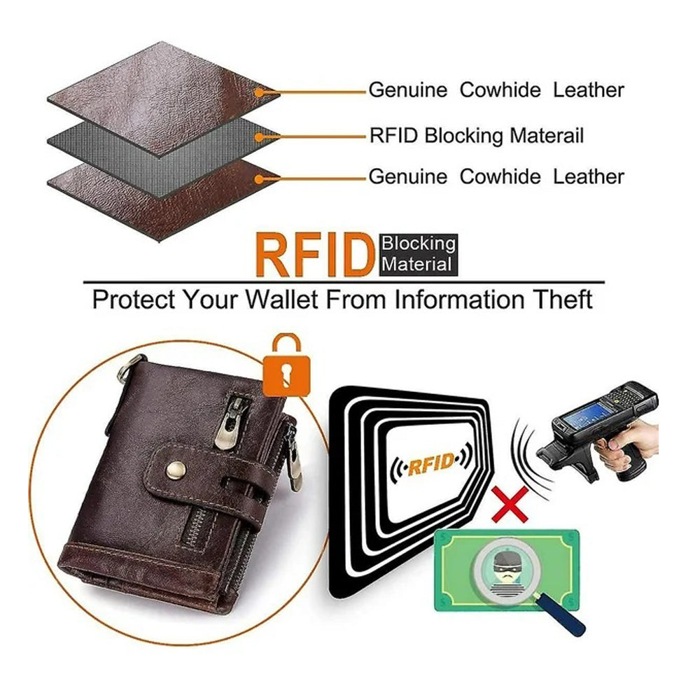 Men's Genuine Leather Wallet RFID Blocking Retro Bifold Zipper Card