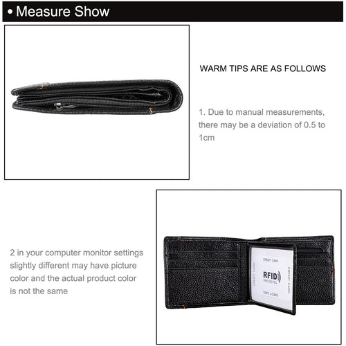 Men's Leather Bifold Wallet with RFID Blocking, with its measurements marked