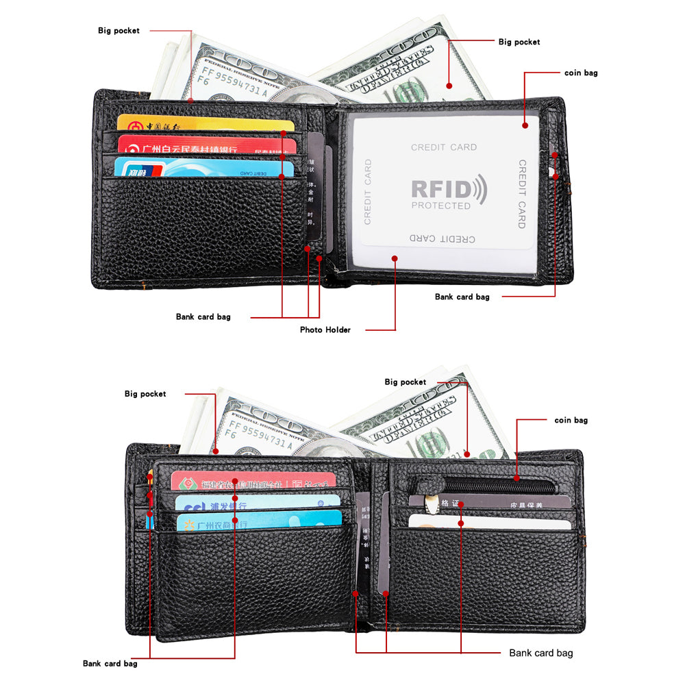 Men's Genuine Leather Bilfold Wallet RFID Blocking Card Holder Zipper