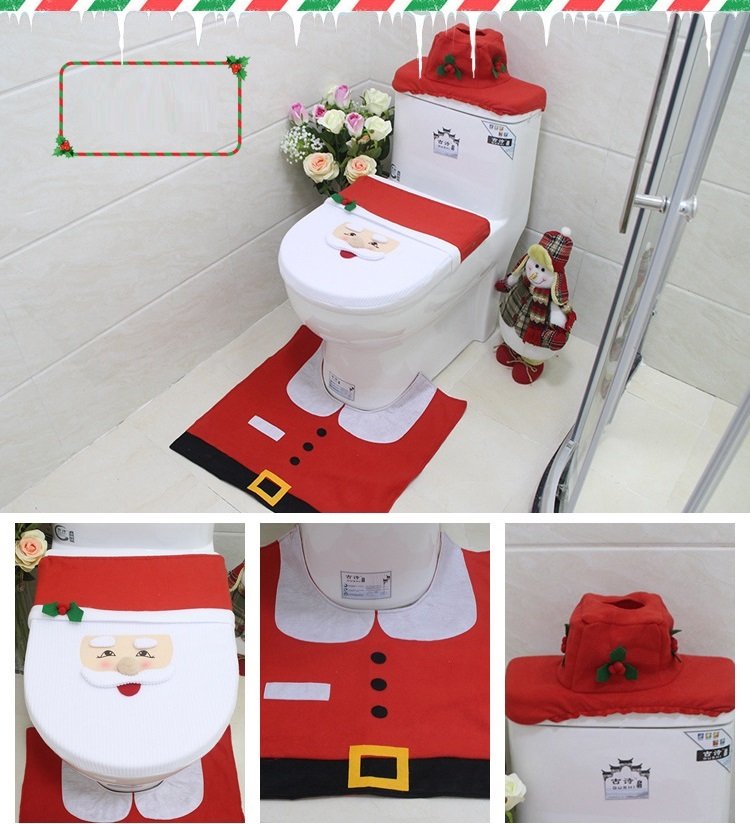 Christmas Toilet Seat Cover and Bathroom Rug Set, 4 Pieces
