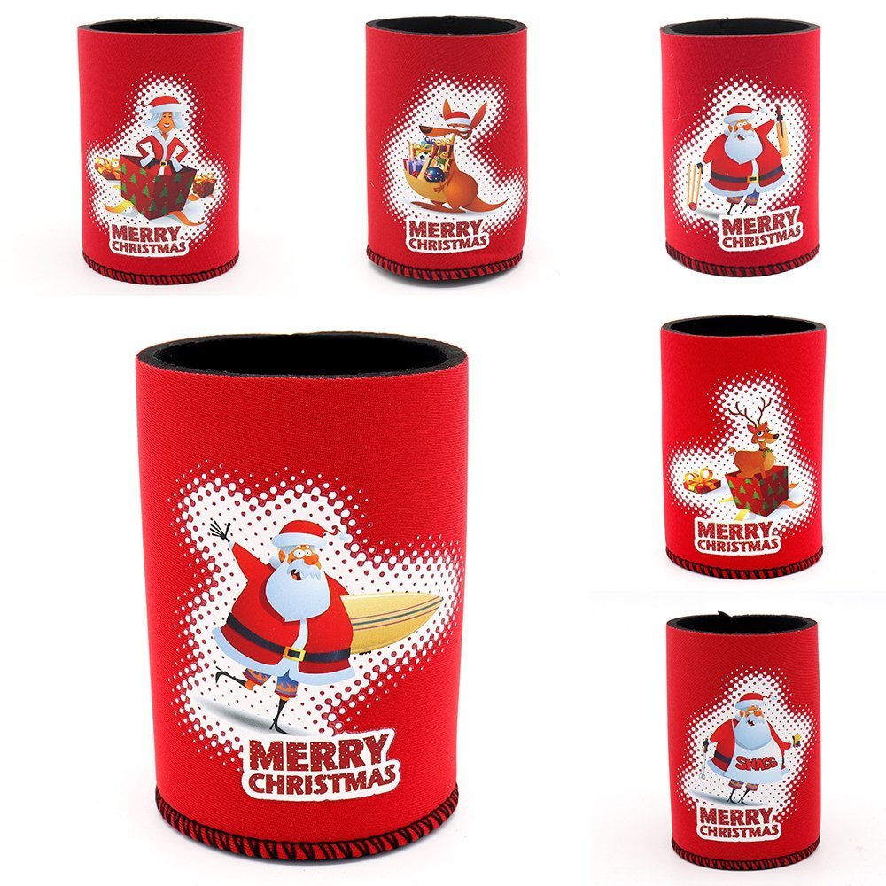 Christmas Stubby Holders with Santa and Reindeer Designs