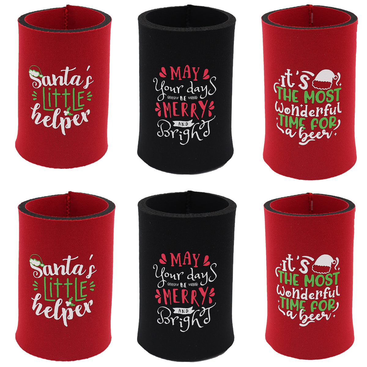 Christmas Stubby Holders with Santa and Reindeer Designs, Design B, 6 Pack