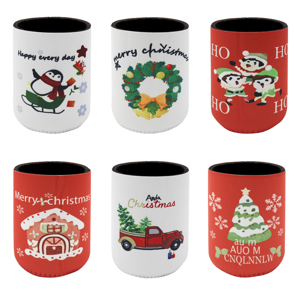 Christmas Stubby Holders with Santa and Reindeer Designs, Design C, 6 Pack