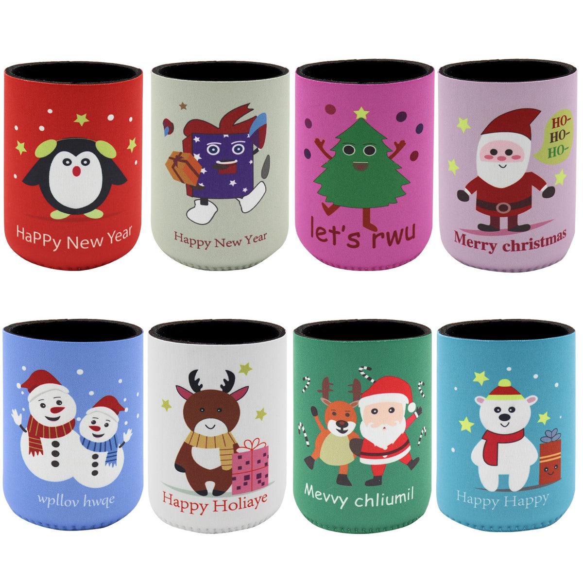 Christmas Stubby Holders with Santa and Reindeer Designs, Design H, 8 Pack