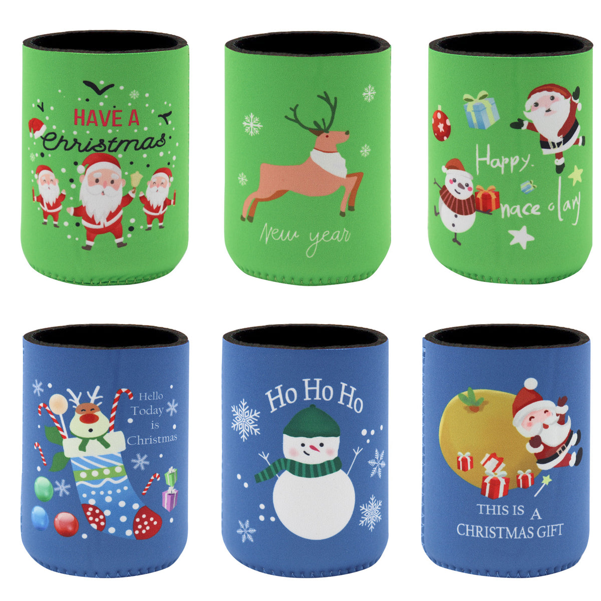 Christmas Stubby Holders with Santa and Reindeer Designs, Design F, 6 Pack
