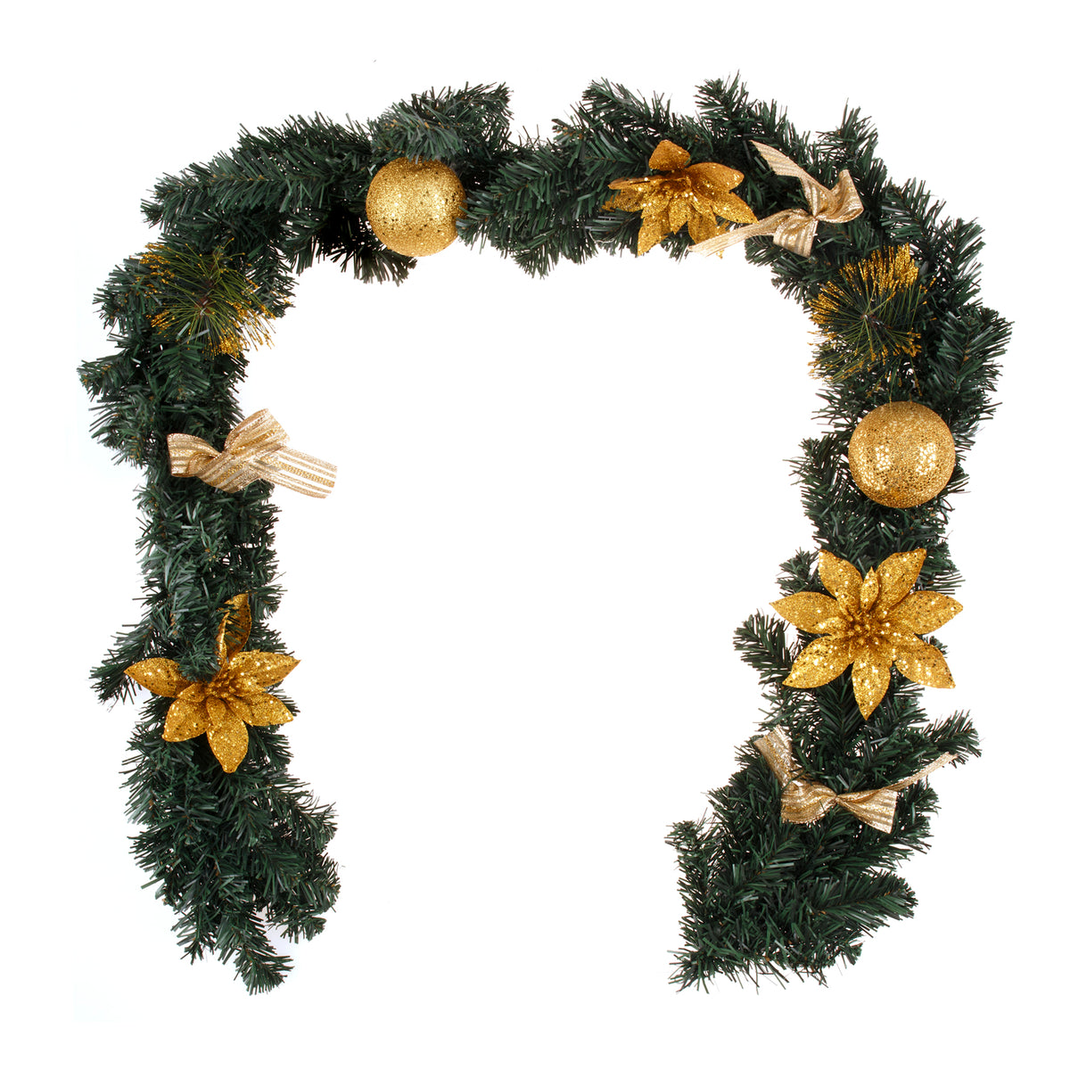 Pine Garland with Gold Baubles, Flowers and Bows, 1.8 m
