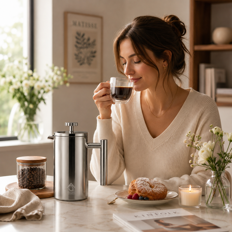 QNA French Press Gift Set with Coffee Canister, Silver, 1000 ml