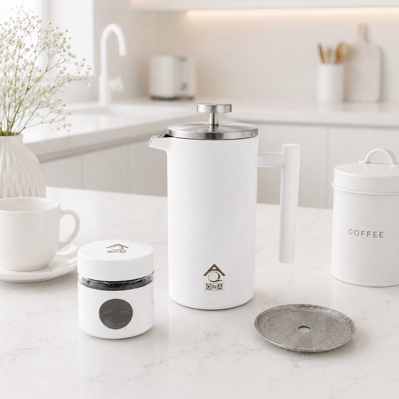QNA French Press Gift Set with Coffee Canister, White, 1000 ml