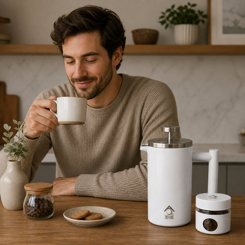 QNA French Press Gift Set with Coffee Canister, White, 1000 ml