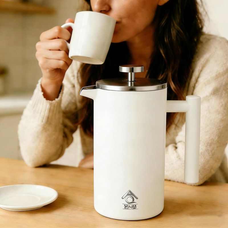 QNA French Press Gift Set with Coffee Canister, White, 1000 ml