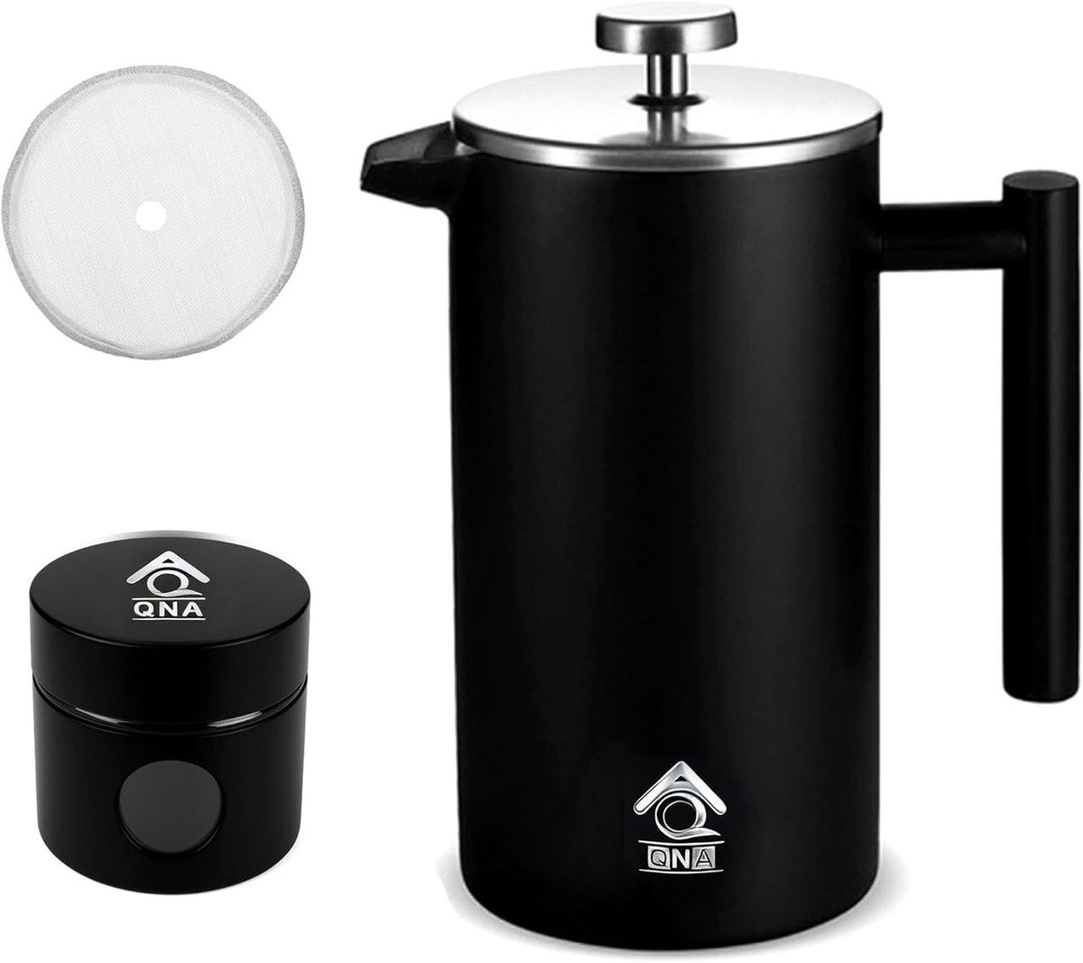 QNA French Press Gift Set with Coffee Canister, Black, 350 ml
