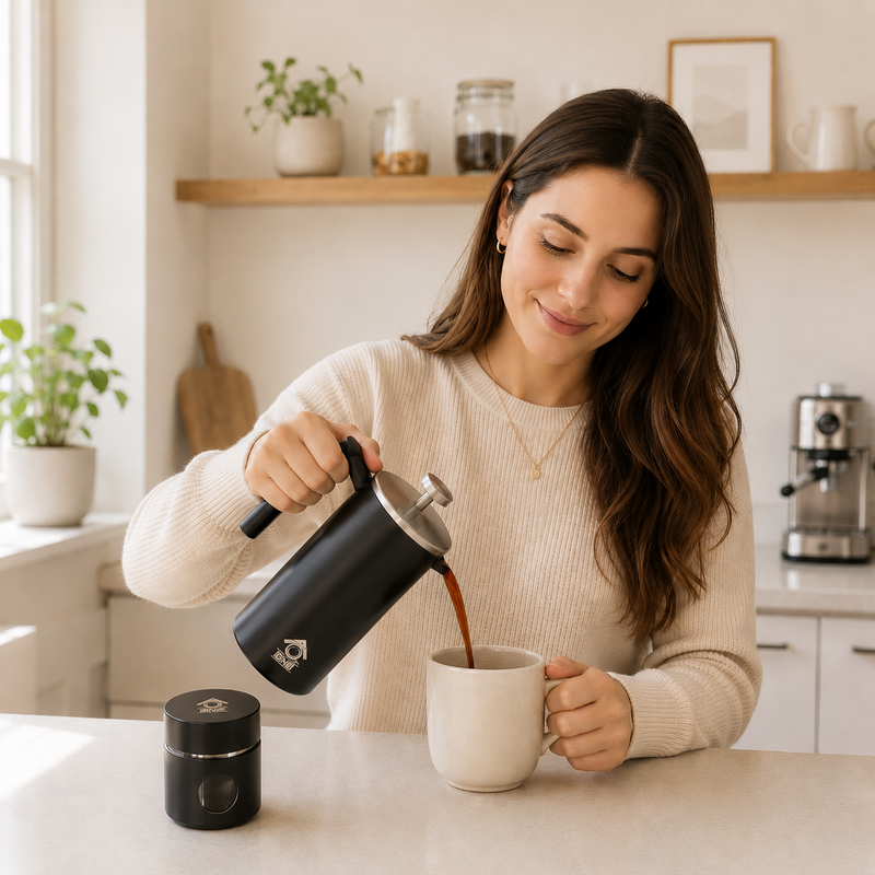 QNA French Press Gift Set with Coffee Canister, Black, 350 ml