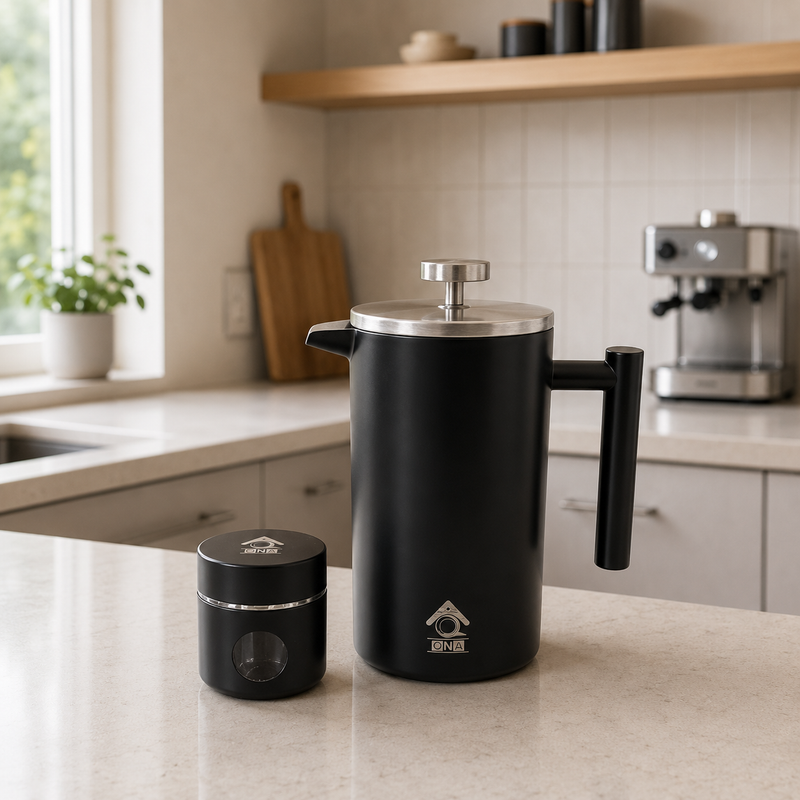 QNA French Press Gift Set with Coffee Canister, Black, 350 ml