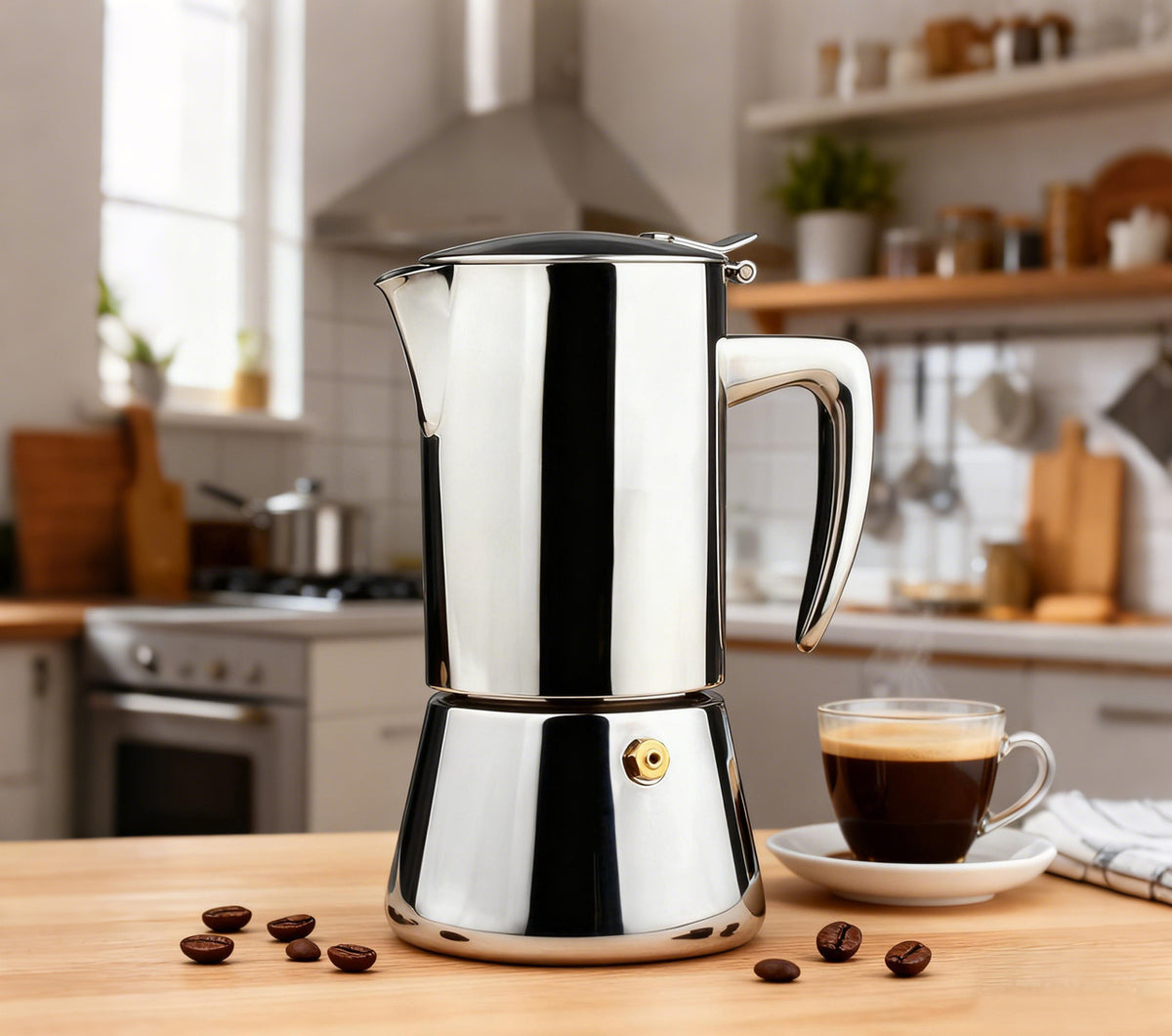 QNA Stainless Steel Moka Pot Coffee Maker, 6 Cup