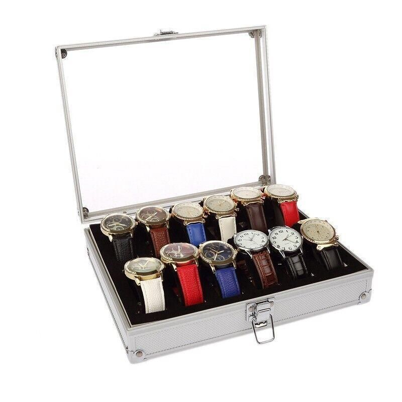 12 Slot Carbon Fibre Aluminium Watch Box, 26 x 21 x 6 cm