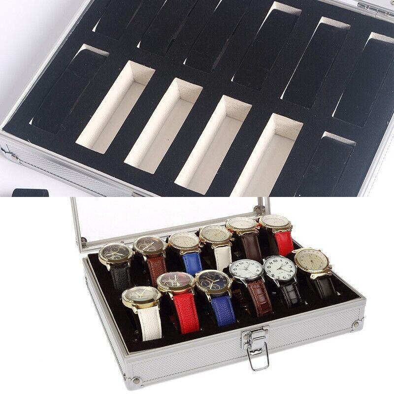 12 Slot Carbon Fibre Aluminium Watch Box, 26 x 21 x 6 cm