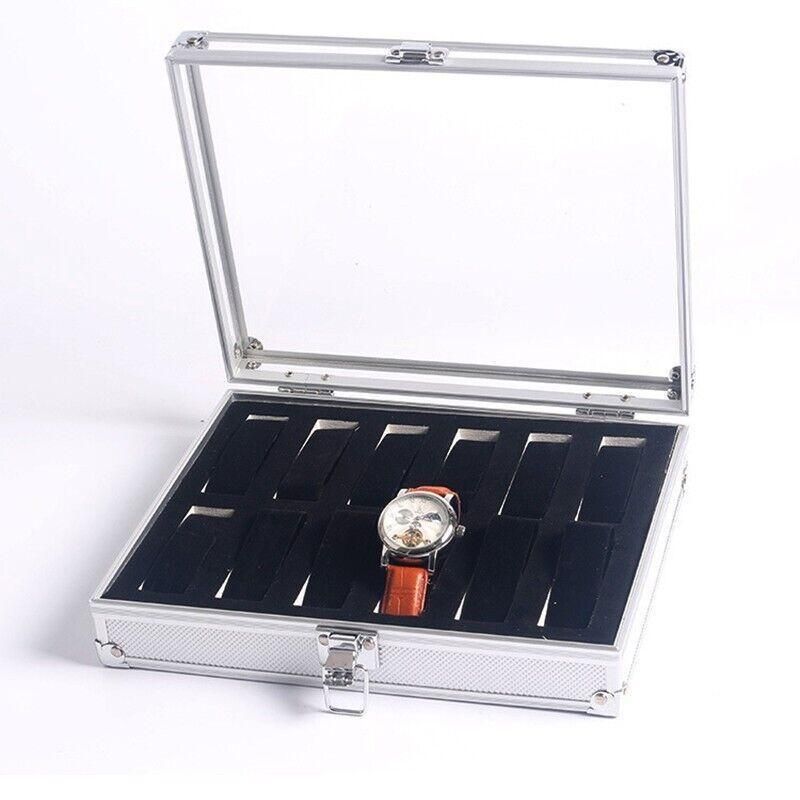 12 Slot Carbon Fibre Aluminium Watch Box, 26 x 21 x 6 cm