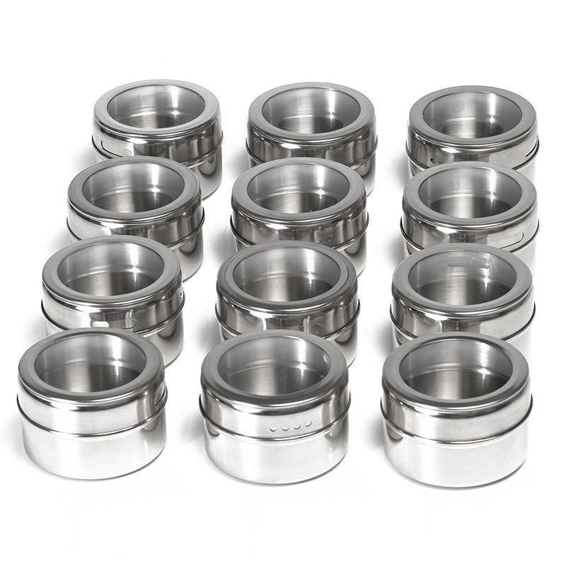 Magnetic Stainless Steel Spice Jars with Clear Lids, Set of 12