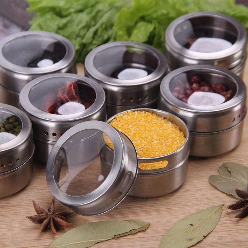 Magnetic Stainless Steel Spice Jars with Clear Lids, Set of 12